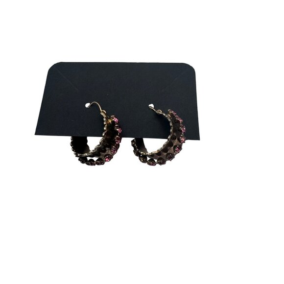 Antique Gold Tone Hoop Earrings Pink Crystal Accents Textured Metalwork Lightwei - Picture 1 of 4